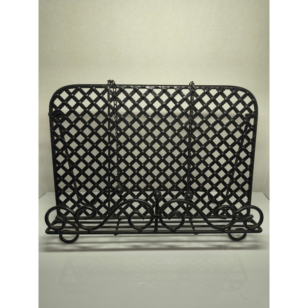 Black Wrought Iron Cookbook Stand Lattice Metal Tablet Holder Easel with Chains